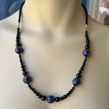 Vintage Beaded Necklace 21 Inch Chinese Cloisonne Art Glass Blue Floral Gold picture