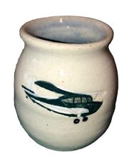 Vintage White Artisan Pottery Vase Small 3 3/4 “ Signed Crop Duster Airplane picture