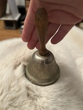 Vintage Etched Brass School Bell w/Solid Wooden Handle Made in India  8” picture