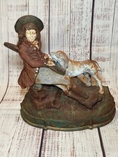 Cast Iron Door Stop Colonial Hunter With Gun Dog & Pheasants Heavy 12”x12” picture