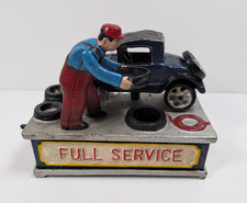 J.E. Stevens VTG Full Service Cast Iron Mechanical Coin Bank Car Mechanic Auto picture