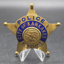 Obsolete Vintage Kankakee Illinois Police Sergeant Badge Star Hat Blue Enamel picture