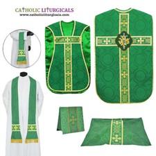 NEW Green Roman Fiddleback Chasuble, Fiddleback Vestment 5pcs Mass Set, Casulla picture