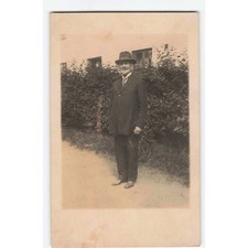 RPPC Elderly Man Suit Fedora Mustache Portrait Antique Real Photo Postcard picture