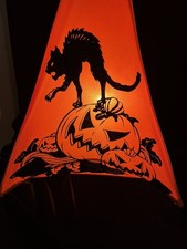 Vtg 1990s Pyramid Lamp Light Black Cat JOL Pumpkin Fabric Halloween Rare HTF picture