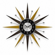MCM Starburst Sunburst Wall Clock Silver Gold Brown Mid Century Modern Silent picture