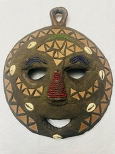 Vintage African Tribal Style Wood Mask Cowrie Shells Beaded Geometric Wall Art picture