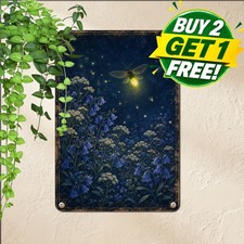 Glowing Fireflies Midnight Garden Sign Whimsical Blue Night Metal Tin Plaque picture