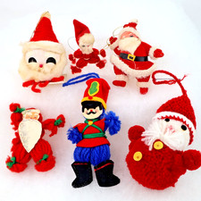 6 Vintage MCM Lot Ornaments Santa flocked yarn spun cotton 1960s Japan Christmas picture