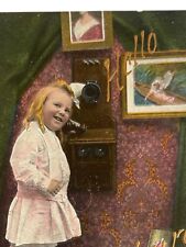Atq WWI Era Postcard 1916-18 Ephemera Little Girl Talking On Wall Phone Litho picture