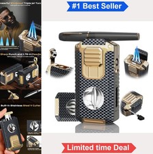 Torch Lighter 5 in 1 Butane Refillable Triple Windproof Jet Flame Cutter Punch picture