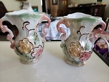 2 Vintage Brazilian Lusterware Iridescent Raised Flowers Double Handle Vases 5