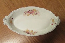 Antique Unknown Oval Handpainted China Tray 9.5” Cream & Floral, Gold Trim, Used picture