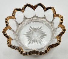 Vintage EAPG Gold trim Scalloped Glass Bowl GLOWS GREEN Please read description picture