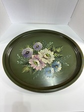 Vintage Hand-Painted Floral Toleware Large Oval Metal Tray Cottagecore 24