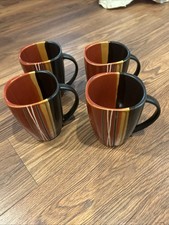 (2) Home Trends Bazaar Coffee Mug Cup - Red Brown Tan Stripes- Ceramic Stoneware picture