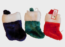 Three Retro NEW Mini Christmas Stockings Red, Green & Blue W/White Fur Trim NOS picture