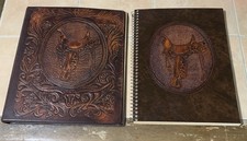 Vintage Western Tooled Leather 3 Ring Binder Album & Longhorn Spiral Notebook picture