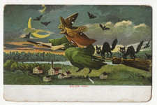 EARLY 1900s HALLOWEEN VIEW 1692 SALEM WITCH BROOM / 6 BATS / 2 BLACK CATS / MOON picture
