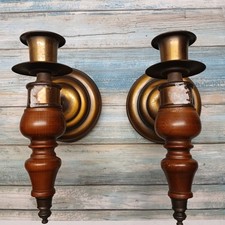 Vintage Set Pair MCM Wood And Brass Wall Candle Sconces Holders 70s 80s picture