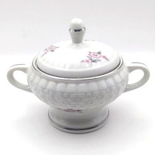 Hall China Covered Sugar Bowl Forman Family Porcelain Floral Handles USA Vintage picture