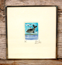 Hand Tinted Etching Framed Leaping Whale Print Handmade Mexican Folk Art Tiny Sz picture