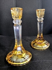 Vintage SC Italian Genuine Lead Crystal Amber Yellow Candlestick Holders Pair picture
