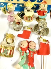 Vintage CHRiSTMaS JaPaN LOT Mica Paper Cotton FeLT Ornament 50s 40s SpuN Kitsch picture