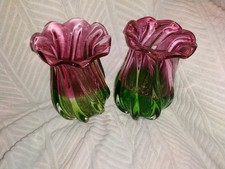2 Vtg Hand-Blown Teleflora Watermelon Pink Green Swirl Scallop Glass Vases Pair picture