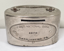 Antique First National Bank Harrisburg PA Metal Coin Savings Bank No 4670 picture