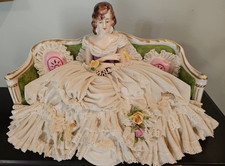 LARGE VTG DRESDEN LACE PORCELAIN FIGURINE LADY SITTING ON SOFA 6