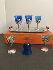 Vtg  Silverplate Tray w/ 5 Blue Glasses-Japan-10