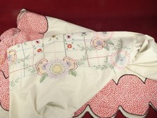 VINTAGE HAND STITCHED EMBROIDERED COTTON FEED SACK BEDSPREAD QUILT 68X102 NICE picture
