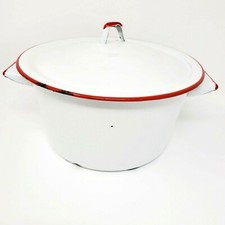 Vintage Enamelware Graniteware Stock Pot Pan Lid White Red 8.5 x 4.5 picture