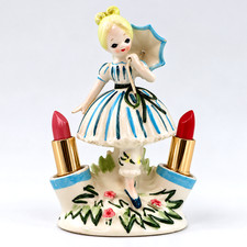 Vintage Japan ceramic Vanity Lipstick Holder Lady w/ Umbrella 1960s 6.5