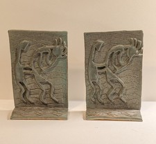 Pair of Handmade Green Ceramic Bookends with Relief Stylized Kokopelli Figures picture