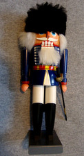 Vintage Erzgebirgische Wood Nutcracker Soldier German 10” Soft Fur Hat & Sword picture