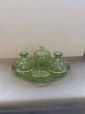 Vintage Green Glass Butterfly Pattern 5 Piece Dressing Table Set picture