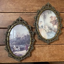 Vintage MCM Action Made in Italy Ornate Oval Framed Art Pair Bubble Glass Gold picture