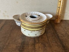 Vintage Porcelain Handled Lidded Inkwell w/ Side Trays, Gold Gilt, Vent Holes picture