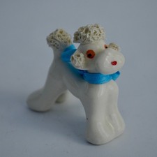 Vintage Small White Spaghetti Poodle Blue Ribbon Bow picture