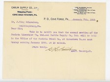 1908 Carlim Supply Co Notice Juniata Limestone & Cambria Steel Co Cove Forge PA picture