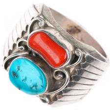 sz11 vintage Navajo sterling silver turquoise and coral heavy men's ring picture