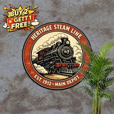 Vintage Locomotive Railroad Train Round Tin Sign Rustic Transit Wall Decor 8x8 picture
