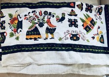 1960s Pennsylvania Dutch Tablecloth Folk Art Chickens Linen 48” Sq Never Used picture