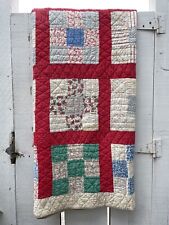 Vintage Hand Stitched 9 Patch Patchwork Quilt Red Sashing 64