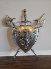 vintage rare COAT OF ARMS Iron Lion Axe Sword Medieval Ornament picture
