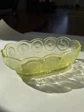 Vintage Vaseline Uranium Glass Oval Bowl, Coin Dot Pattern, Scalloped Rim, Glows picture