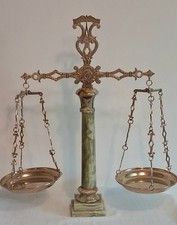 Mid-Century Italian Apothecary Balance Scale, Green Onyx Marble & Ornate Brass  picture