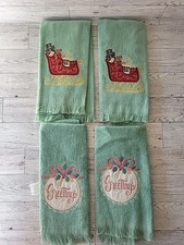 4 Vtg Christmas Tea Finger Guest Towels Pink Green Embroidered Noel Greetings  picture